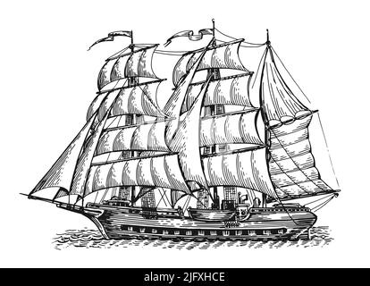 Ancien voilier vintage sur le dessin des vagues. Transport maritime avec voiles isolées sur fond blanc en style gravure Illustration de Vecteur