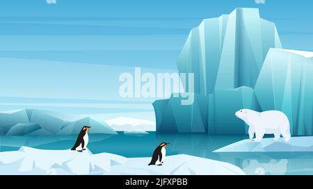 Animaux de l'Arctique et de l'Antarctique dans un paysage froid du Nord avec illustration des vecteurs de glace et de neige. Un ours polaire et des pingouins qui flottent sur l'iceberg d'un fond de glacier. Hiver, concept de la faune Illustration de Vecteur