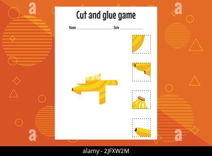 Jeu de coupe et de colle pour les enfants avec des fruits. Pratique de coupe pour les présélectionneurs. Page éducation Illustration de Vecteur