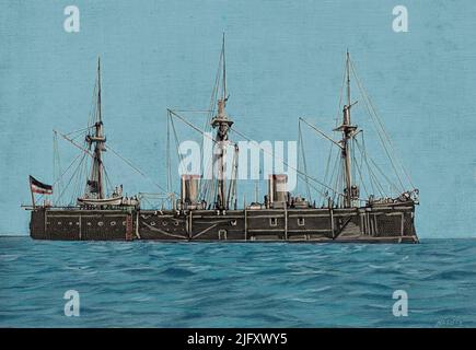 L'escadron allemand de l'Asie de l'est. Chine. The Imperial German Navy Battleship, Kaiser class, SMS Deutschland (1875-1904). Il a été affecté à l'escadron de l'Asie de l'est pendant trois ans. Gravure par Matute. Coloration ultérieure. La Ilustración Española y Americana, 1898. Banque D'Images