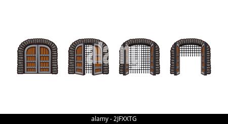 Animation d'ouverture des portes du château de dessins animés médiévaux pour le jeu. Mouvement de la feuille de sprite de la porte du palais. Entrée de la forteresse, arche en bois ouverte et fermée avec grille métallique, ancienne porte ou passerelle illustration vectorielle Illustration de Vecteur