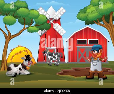 Vieux fermier avec des vaches dans la ferme Illustration de Vecteur