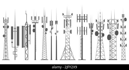 Tours mobiles. Réseau Internet. Antennes radio et structures de communication cellulaire. Illustration du contour de la silhouette vectorielle. Illustration de Vecteur