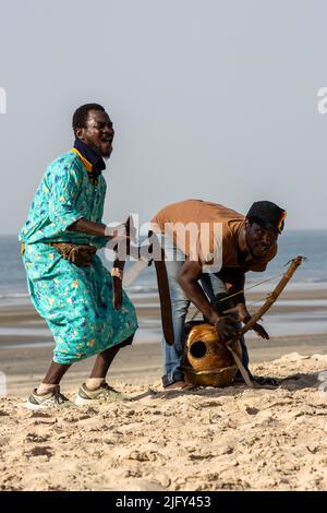 KOTU, SERREKUNDA, GAMBIE - 3 FÉVRIER 2022 musiciens traditionnels sur la plage de Kotu avec un shaker Kora et Flame Tree (Delonix regia) Banque D'Images