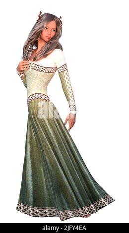 Wizard femme porter une robe vintage avec des ornements celtiques, 3D Illustration. Banque D'Images