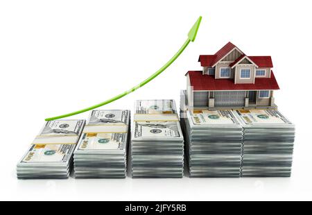Maison de luxe sur des billets de dollars. Concept de hausse des prix de l'immobilier. 3D illustration. Banque D'Images