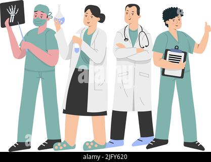 Les médecins sont debout dans un groupe avec une image avec un bécher, les patients sont appropriés Illustration de Vecteur
