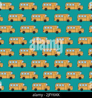 Modèle de bus scolaires. Éléments de caniche dessinés à la main. École fond vert sans couture avec bus jaune drôle. Illustration vectorielle. Illustration de Vecteur