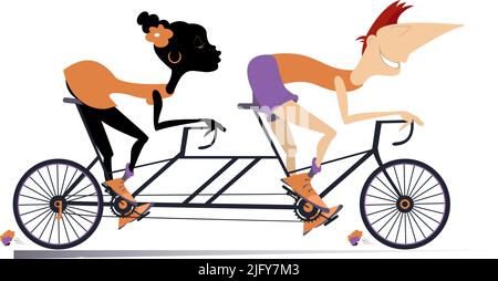 Un homme caucasien et une femme africaine manèges un vélo en tandem isolé. Souriant homme caucasien et femme africaine sur le double vélo isolé sur blanc Illustration de Vecteur