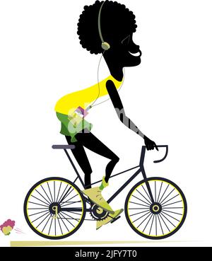 Un homme africain souriant fait une illustration isolée à vélo. Bande dessinée homme africain roule un vélo et écoute la musique sur le joueur en utilisant des écouteurs isolés Illustration de Vecteur