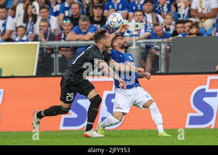 Poznan, Pologne. 06th juillet 2022. Marko Vessovic et Pedro Rebocho lors du match de qualification de la Ligue des champions de l'UEFA 1st entre Lech Poznan et Qarabag FK sur 5 juillet 2022 à Poznan, en Pologne. (Photo de Pawel Jaskolka/PressFocus/SIPA USA) France OUT, Pologne OUT Credit: SIPA USA/Alay Live News Banque D'Images