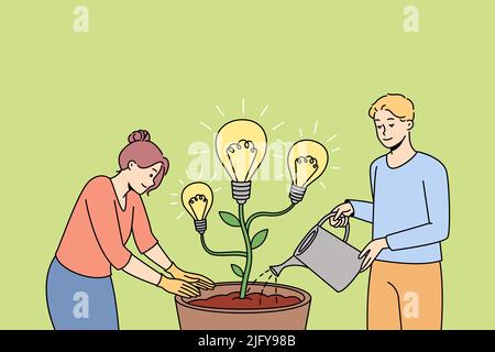 Les gens arroser la plante en pot avec une ampoule développant des idées créatives. L'homme et la femme cultivant l'innovation, plantant le lancement de produit. Illustration vectorielle. Illustration de Vecteur