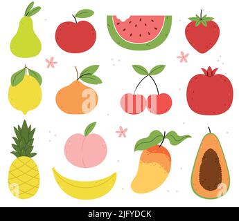 Ensemble de fruits d'été et berries.Organic produits. Pomme, orange, pastèque, fraise, poire, papaye, banane, citron, ananas. Fleurs d'été. Illustration de Vecteur