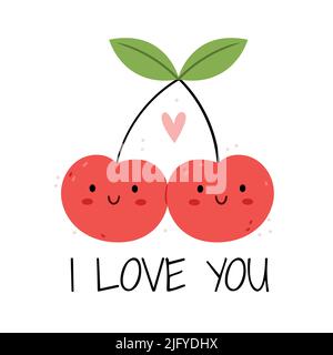 Illustration avec cerises drôles.affiche avec personnage mignon d'été.Bonjour été.Illustration pour enfants.Amour.cerise. Illustration de Vecteur