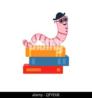 Mignon Bookworm dans des verres sur la pile de livres. Ver de personnage de dessin animé. Illustration de Vecteur