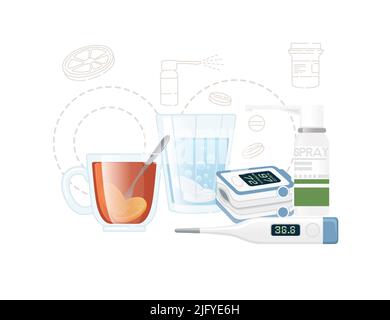 Ensemble de médicaments pour le traitement oxymètre de pouls à thé chaud illustration vectorielle sur fond blanc Illustration de Vecteur