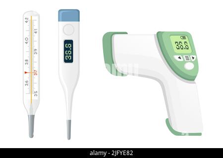 Ensemble de thermomètres électriques modernes et d'illustrations vectorielles classiques de thermomètres au mercure sur fond blanc Illustration de Vecteur