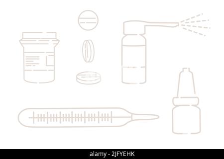 Jeu de comprimés et capsules de thermomètre médical illustration vectorielle sur fond blanc style de contour Illustration de Vecteur