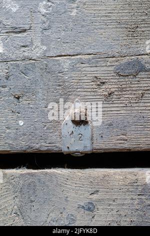 Un ancien plancher sale avec une étiquette en aluminium. Le numéro 12 est gravé sur l'étiquette. . Panneaux fissurés avec des espaces entre eux. Vue de dessus. Sélectionnez Banque D'Images