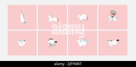 Main dessin vectoriel stock abstrait plat dessin animé graphique illustrations cartes collection ensemble avec assistant style simple drôle blanc licorne isolé sur rose Illustration de Vecteur