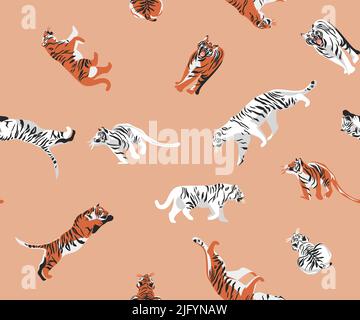 Dessin à la main vecteur résumé stock d'illustrations graphiques modernes, bohème contemporain sans couture imprimé avec sauvage mignon orange tigres animaux lune Illustration de Vecteur