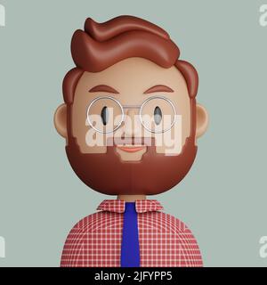 3D illustration d'un homme barbu souriant. Dessin animé gros plan portrait d'un homme barbu souriant sur fond bleu. 3D Avatar pour ui ux. Banque D'Images