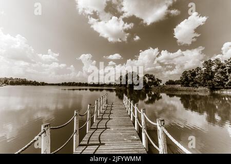 Sépia en niveaux de gris aspect vintage d'un petit quai dans un lac capturé lors d'une belle journée ensoleillée Banque D'Images