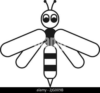Dessin au trait géométrique noir et blanc abeille stylisée. Insecte de dessin animé domestique. Illustration vectorielle sur le thème de l'exploitation pour l'icône, le tampon, l'étiquette, le badge, l'autocollant, cadeau Illustration de Vecteur