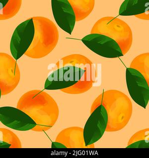 Motif sans couture avec illustration des oranges et des feuilles sur fond orange clair Illustration de Vecteur