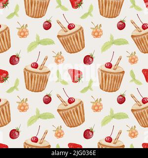Motif aquarelle sans couture avec muffins. Peinture à la main à l'aquarelle avec petits gâteaux aux fruits. Illustration aquarelle à dessin à la main. Desserts. Doux. Banque D'Images