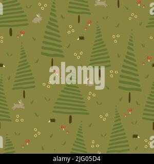 Motif vectoriel sans couture avec paysage forestier avec lapins et hérissons sur fond vert. Un joli motif enfant comme un papier peint. Illustration de Vecteur