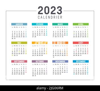 Calendrier coloré de l'année 2023, en français, isolé sur fond blanc. Modèle vectoriel. Illustration de Vecteur