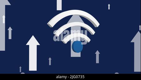 Image du wi-fi et des flèches des icônes numériques flottant sur fond bleu Banque D'Images