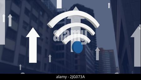 Image du wi-fi et des flèches numériques qui flottent sur le paysage urbain Banque D'Images