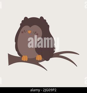 Jolie illustration hibou Clipart en dessin animé. Chouette chouette attache-art sur l'arbre. Illustration vectorielle d'un oiseau pour des autocollants, invitation de douche de bébé Illustration de Vecteur