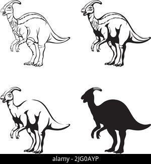 Parasaurolophus, image réaliste de dinosaure, vecteur, positions, illustration, noir et blanc, silhouette, logo, marque, chevron pour la décoration et d Illustration de Vecteur