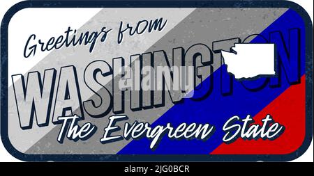 Message d'accueil de Washington vintage métal rouillé signe illustration vecteur. Carte d'état vectoriel en style grunge avec caractères typographiques dessinés à la main. Illustration de Vecteur
