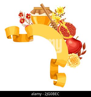 Shana Tova. Rosh Hashanah cadre décoratif. Bonne année juive. Arrière-plan de vacances avec symboles traditionnels du festival. Illustration de Vecteur