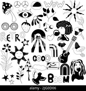 Noir et blanc 70s groovy élément, fille, soleil, fleurs, feuilles, champignons, oiseaux, arcs-en-ciel rétro et lettrage. Style hippy vintage. Illustration vectorielle. Illustration de Vecteur