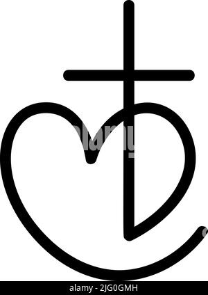 Monoline noir Vector Christian logo coeur avec Croix. Isolé sur l'arrière-plan. Dessin à la main de religion minimaliste symbole amour Illustration de Vecteur