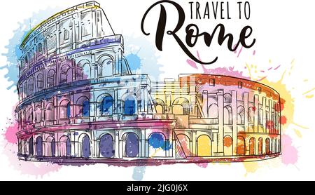 Rendez-vous à Rome poster, carte de vœux ou imprimé avec des lettres calligraphiques dessinées à la main. Illustration vectorielle du Colisée sur une base aquarelle colorée Illustration de Vecteur