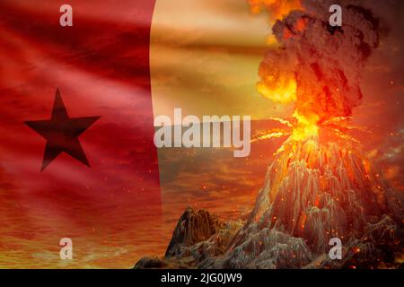 Éruption volcanique conique la nuit avec explosion sur fond de drapeau de Guinée, des problèmes à cause de catastrophe et de cendres volcaniques concept - 3D illustration de Banque D'Images