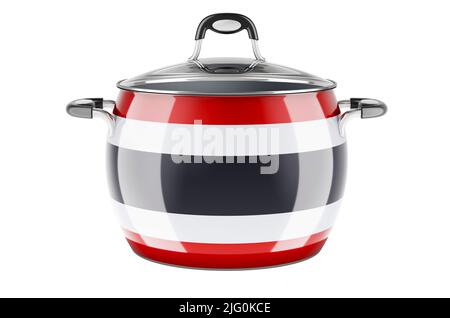 Concept de cuisine nationale thaïlandaise. Drapeau thaïlandais peint sur le pot en acier inoxydable. 3D rendu isolé sur fond blanc Banque D'Images