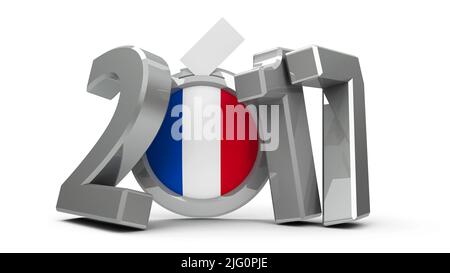 Les figures 2017 avec l'insigne du drapeau français isolé sur fond blanc, représente l'élection présidentielle 2017 en France, rendu tridimensionnel, 3D malade Banque D'Images