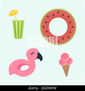 Illustration des éléments d'été de Cute Clipart en style dessin animé. Adorables éléments d'été clip Art. Illustration vectorielle d'un élément pour les autocollants, les impressions Illustration de Vecteur