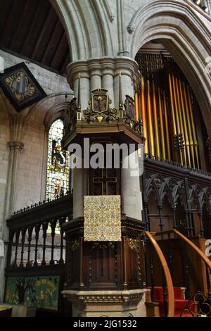 Intérieur du Prieuré de Bridlington - Église du Prieuré de St Mary - public Anglican place of Worship - Historic Pulpit - East Riding of Yorkshire - UK Banque D'Images