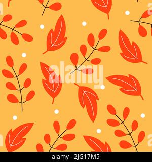 Feuilles d'automne de style dessin animé. Motif sans couture. Un arrière-plan mignon avec des couleurs orange et rouge. Bannière saisonnière Illustration de Vecteur