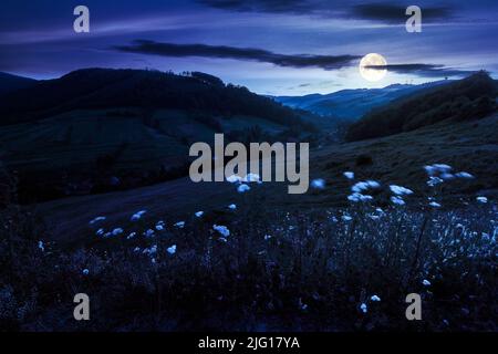 paysage montagneux la nuit. champs ruraux sur les collines. village dans la vallée éloignée. ciel magnifique avec des nuages lumineux en pleine lune li Banque D'Images