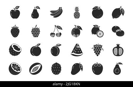 Illustration des fruits et des croûtes de baies avec icônes plates - fraise, pomme, ananas, grenade, avocat, pastèque, noix de coco. Silhouette de glyphe Illustration de Vecteur