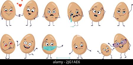 Ensemble de personnages d'oeuf mignons avec des émotions, le visage, les bras et les jambes. Bonne décoration de Pâques. Souriant ou triste héros de la nourriture, tombant amoureux, distance masquée, danse ou pleurs. Illustration vectorielle plate Illustration de Vecteur